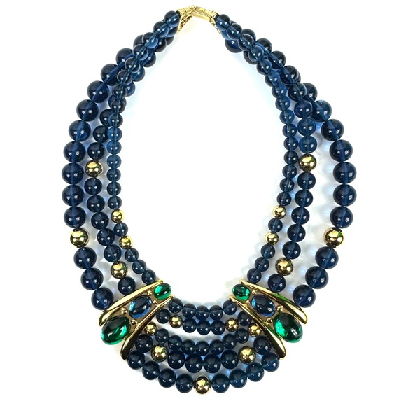 Vintage signed Napier multi-strand statement necklace blue, gold & green beads - Picture 8 of 11